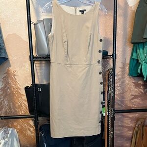 Ann Taylor Sleeveless Beige Midi Dress with Side Button Accents